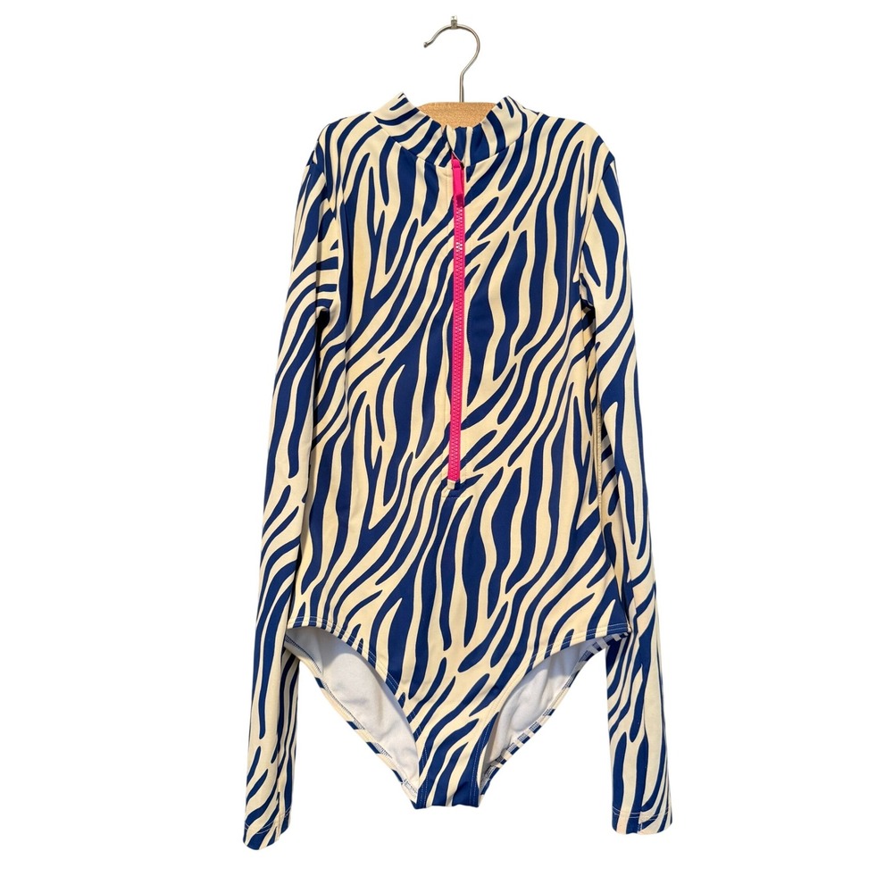 Mini Boden Girls Blue Zebra Print Long Sleeve Rash Guard Swimsuit Size 11-12Y